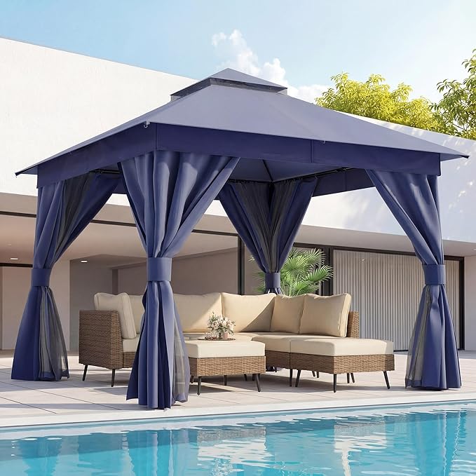 LAUSAINT HOME 10x10ft Outdoor Patio Gazebo with Double Roof, Heavy Duty Waterproof Gazebo Canopy Tent with Mosquito Netting for Backyard, Garden, Lawn & Wedding, Navy Blue