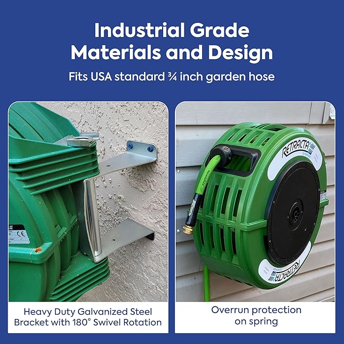 Macnaught Retractable Garden Hose Reel, 82 Ft Water Hose Reel Heavy Duty Retractable Hose with Metal 180¡Æ Swivel Rotation Bracket for Wall Mount - Green