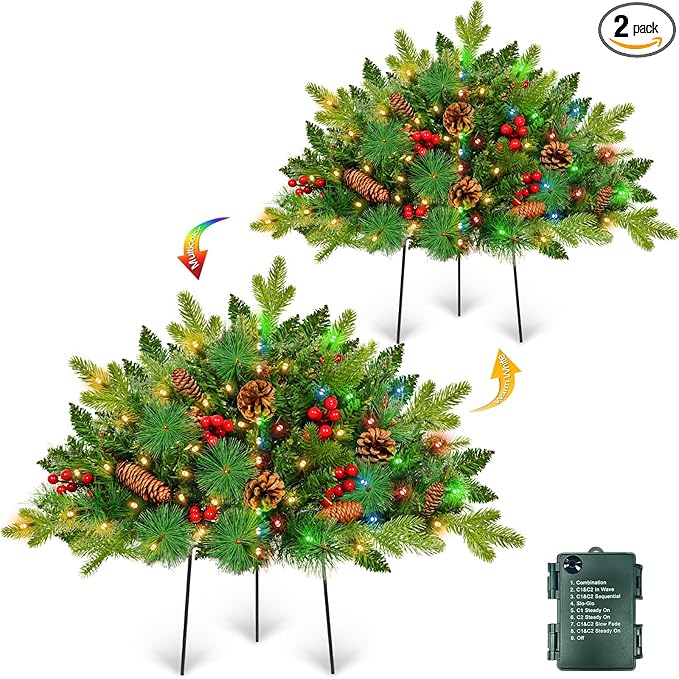 2 Pack Christmas Tree Urn Fillers, 8 Mode Timer 40 Warm&Colorful Change Lights with 3 Styles Branches Pine Cones and Berry, Battery Powered Outdoor Christmas Trees Decor for Porch Driveway Yard