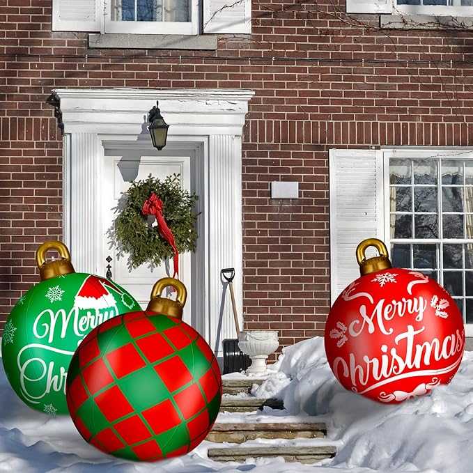 Jetec 4 Pcs Giant Inflatable Christmas Ball Large Xmas Inflatable Ornaments PVC Outdoor Holiday Blow Ball Outside Yard Lawn Porch Decorations (Cute,Mixed Red Green)