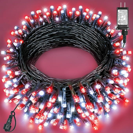 157FT 480 LED Christmas Lights Outdoor, Green Wire Christmas Tree Lights Waterproof, 8 Modes Twinkle Fairy Light for Indoor Outdoor House Tree Xmas Holiday Decorations, Red and White