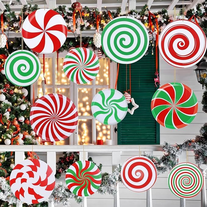 12 Pcs 12 Inch/10 Inch Large Christmas Decorations Outdoor Double Sided Christmas Yard Hanging Ornaments Holiday Porch Lawn Candy Hanging Decorations for Xmas Tree Porch Yard Decor