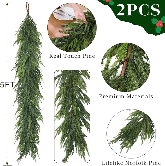 5FT Real Touch Norfolk Pine Garland - Artificial Christmas Garland Fake Green Faux Pine Needles Garland for Table Fireplace Mantle Holiday Home Indoor Outdoor Decor (2PCS)