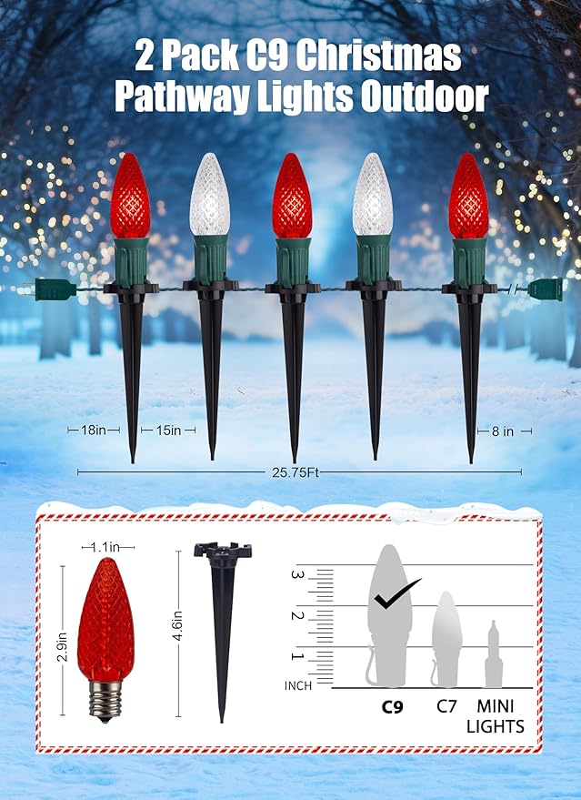 Christmas Pathway Lights Outdoor, 2 Pack 26 Ft 20 LED C9 Strawberry String Lights with Stakes, Connectable Waterproof Outside Christmas Lights Marker for Path, Lane, Patio Decor, Red & Pure White