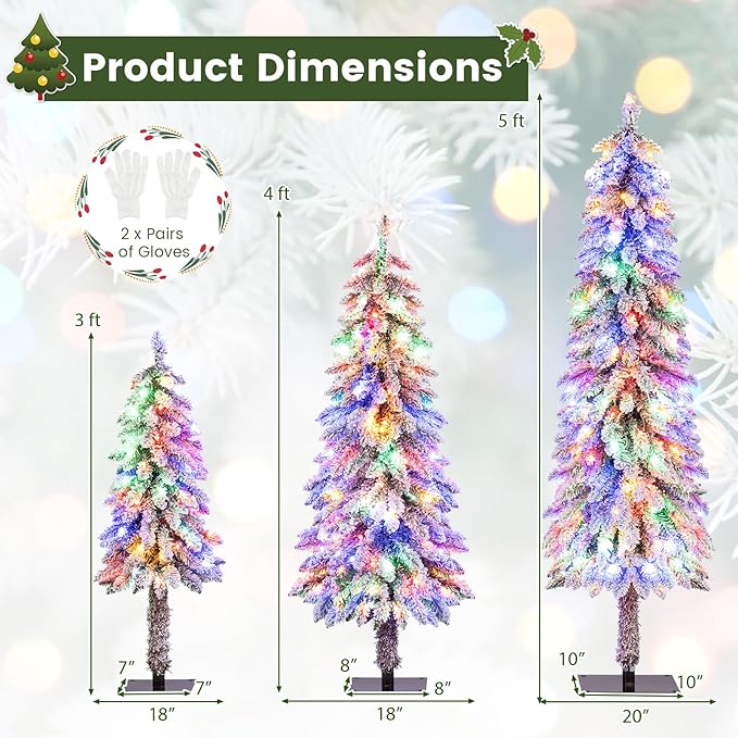 GOFLAME Set of 3 Pre-lit Pencil Christmas Tree, Snow Flocked Artificial Xmas Trees 3Ft, 4Ft and 5Ft with Multi-Colored LED Lights, Slim Christmas Tree, Holiday Decoration Tree with Metal Base