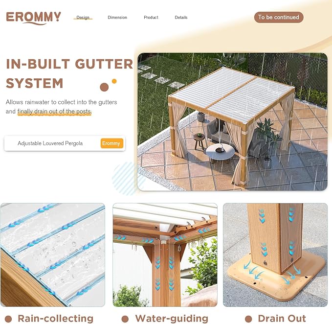 EROMMY Louvered Pergola 10' x 10' Outdoor Hard Top Gazebo with Wooden Grain Aluminum Frame and Adjustable Metal Rainproof Roof for Garden & Patio, Curtains and Netting Included, Wood Grain