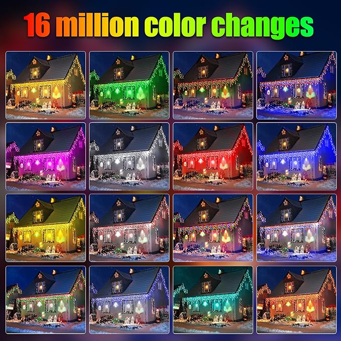 RGB Ice Lights Outdoor, 52FT 504 LED Color Changing Christmas Lights,16 Colors 128 Function 8 Modes Timers Waterproof, Plug in Hanging Light for House, Garden, Outdoor Christmas Decor