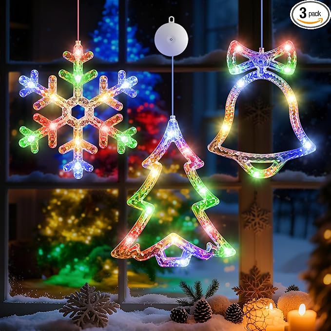 3Pack Christmas Window Lights Decorations with Timer,Battery Powered Christmas Hanging Multicolor Lighted Snowflake Tree Bells Shaped LED Sucker for 2026 Xmas Tree Fireplace Indoor Decor