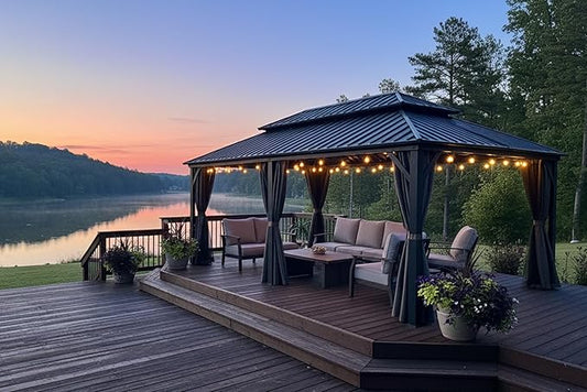 PURPLE LEAF 12'x20' Hardtop Gazebo with Lights Outdoor Pavilion Waterproof Double Roof Galvanized Steel for Patio and Garden Includes Netting and Curtains Grey