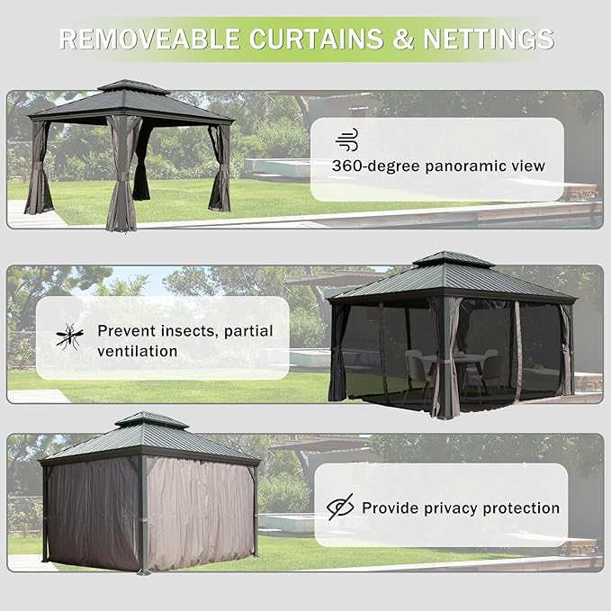 Domi 12x14FT Outdoor Gazebo, Hardtop Gazebo with Galvanized Steel Double Roof, Metal Gazebos with Drainage System Patio Pergola for Patio Deck Backyard,Curtain and Netting, Gray