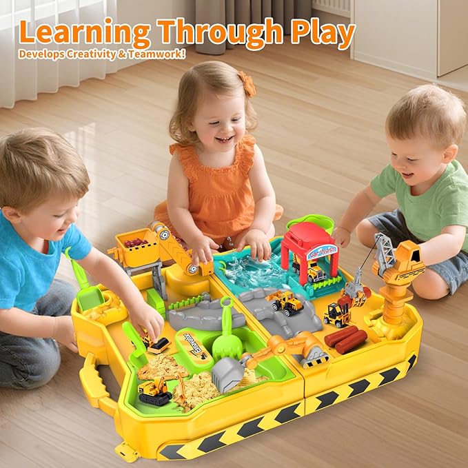 Engineering Beach Sand Set, 500g Play Sand + 4 Alloy Trucks Foldable Handbag Sandbox w/Rotating Crane & Water Area - Safe, Easy-Clean Outdoor Toy for Kids 4-12