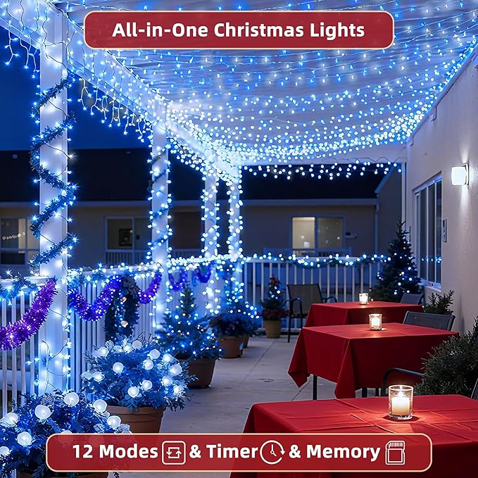 300 LED Outdoor Christmas Lights 75ft, 12 Lighting Modes Indoor String Lights Dimmable & Timer Memory, Outsite Waterproof Tree Lights for Xmas Garden Wedding Party Holiday Decorations Blue & White
