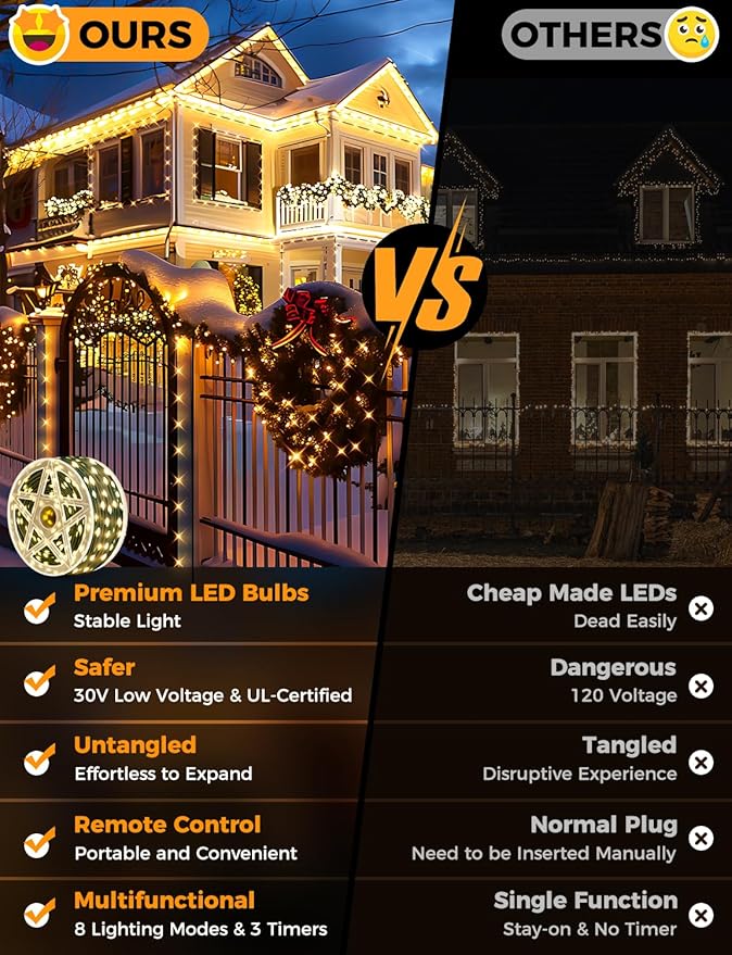 Brightever Christmas Lights for Tree - 1100 Bulbs 360FT, Plug-in Christmas Outdoor Lights with Remote, 8 Lighting Modes, 3 Timers, Dimmable, LED String Light for Indoor Xmas Decorations (Warm White)