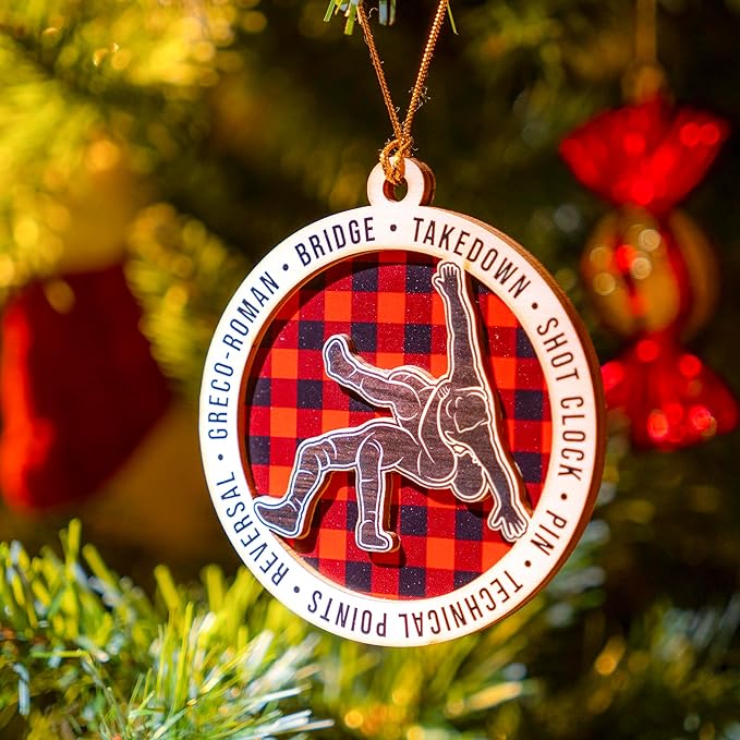 Wrestling Ornament 2025 – Wooden Christmas Ornament for Wrestlers, 2-Layer Rustic Plaid Wrestling Christmas Tree Decoration, Wrestling Gifts for Men