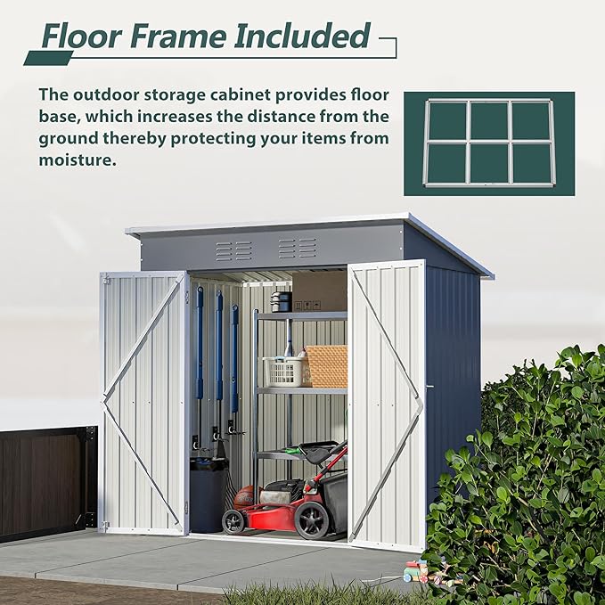 6x4 FT Outdoor Metal Storage Shed with Frame Floor & Sloping Roof, Lockable Double Door, Weatherproof Steel Garden Shed for Tools, Lawn Equipment & Patio Supplies
