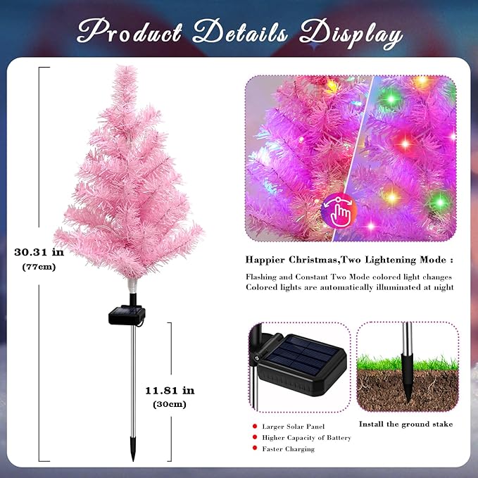 Solar Christmas Tree Outdoor Decor, Waterproof Solar Xmas Decorations Garden Stake Lights, Multi-Color LED Christmas Décor for Outside Landscape Pathway Porch Yard Holiday (4 Pcs Pink)