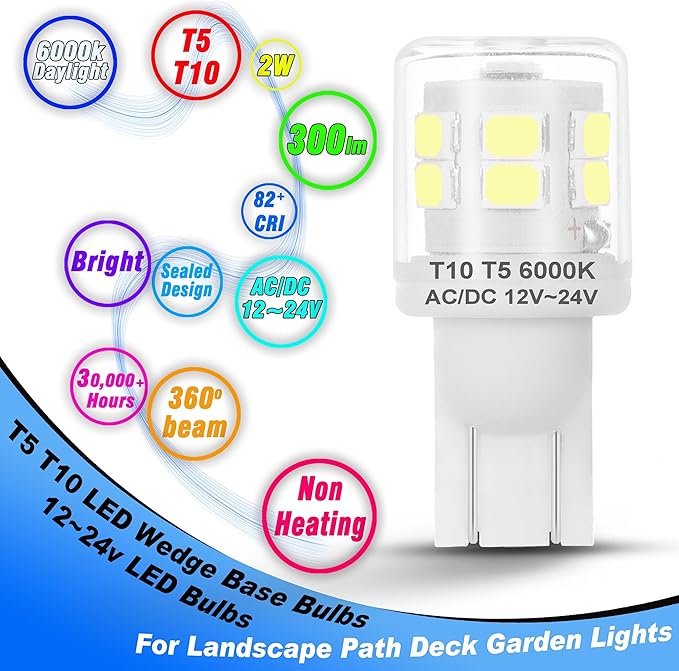 T5 T10 Wedge Base LED Landscape Lights, Daylight White 6000K Low Voltage AC/DC 12-24V, 2 Watts Equivalent 11W 18W Incandecent Bulbs for Camper RV Marine Boat Path Lawn Malibu Lighting, 6 Pack