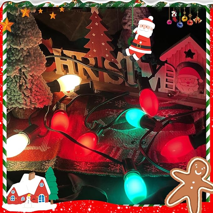 C9 Red White and Green Christmas Lights Outdoor, 25Ft Vintage Christmas String Lights with 26 Multicolor Ceramic Bulbs, Hanging Christmas Decorations Lights Waterproof for Holidays Roofline Party