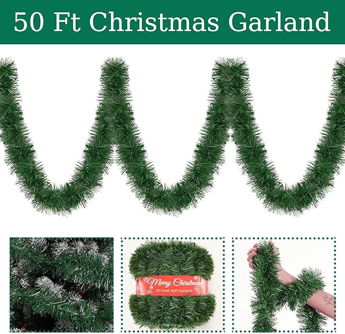 1 Pcs 50 Foot Christmas Garland for Indoor and Outdoor Decor -Thick & Fluffy Artificial Greenery Soft Garland for Fireplace, Staircase, Holiday & Wedding Decoration