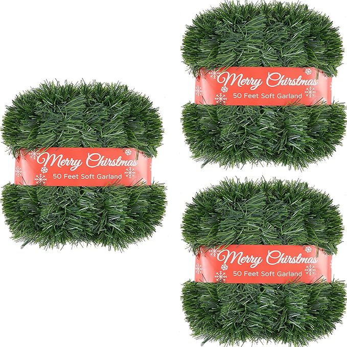 3 Pcs 50 Foot Christmas Garland for Indoor and Outdoor Decor -Thick & Fluffy Artificial Greenery Soft Garland for Fireplace, Staircase, Holiday & Wedding Decoration