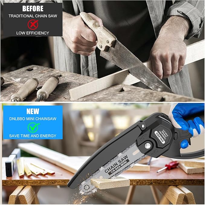 Mini Chainsaw Cordless, 6 Inch Chain Saw Cordless, 700W Powerful Electric Handheld Chainsaw, with 2 Batteries and 2 Chains, Tree Trimmer Gardening Tools Gift for Men, Father, Dad