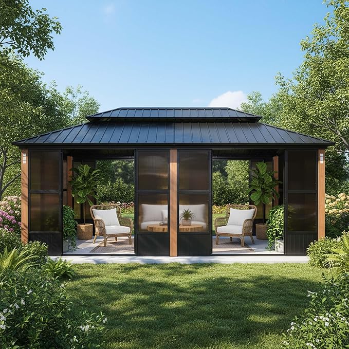 PURPLE LEAF 12' X 20' Sunroom Patio Hardtop Gazebo Double Top Galvanized Steel Screen House Aluminum Sun Room Outdoor Solarium for Garden Backyard