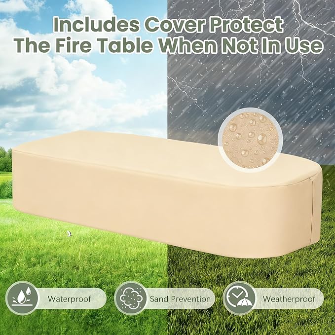 ECOTOUGE 56''Gas Fire Pit, Outdoor Propane Firepit Table w/Side Handles, Auto-Ignition Rectangle Steel Fire Table, 50,000 BTU Concrete fire Pit w/Weather-Resistant Pit Cover£¨White, No Tank Cover£©