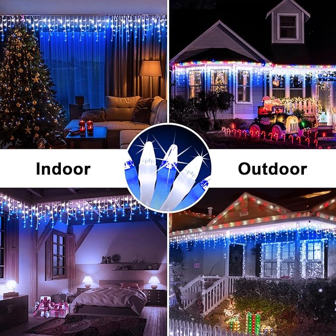 66FT 670 LED Christmas Lights 148 Ice Drops, 12 Modes and Timer Memory Dimmable, Plug In Outdoor Waterproof Hanging String Light for Holiday Wedding Garden Fence House Tree Outside Decor Blue & White