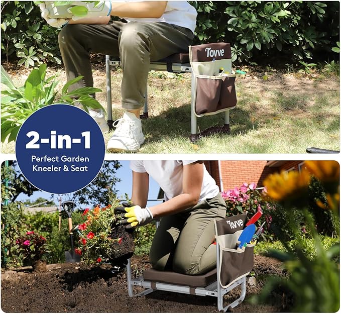 Foldable Garden Kneeler and Seat, Heavy Duty Garden Stool with 10 Wide Detachable Kneeling Pad, Portable Garden Bench Chair with Large Garden Tool Bag, Gardening Gifts for Women, Seniors, Mom