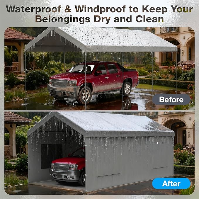 Carport Canopy Replacement Sidewall 20x6.6 FT Fits 10x20, 12x20 FT Carport with Roll-up Windows, Waterproof & UV Protected, Easy Assembly with Ball Bungees, Grey (Sidewall Only, 1 Pack)