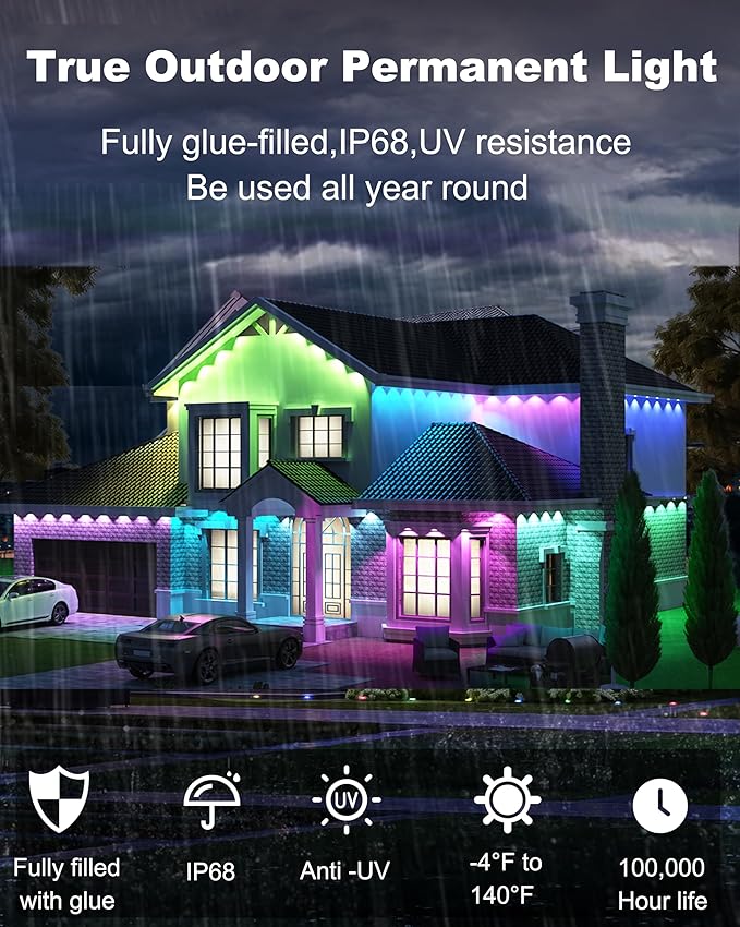 100ft Permanent Outdoor Smart Lights Pro with 60 RGBCW+IC LEDs & WiFi/Alexa Control, IP68 Waterproof Christmas Lights Outdoor Year-Round Lighting 108 Scene Modes for Daily, Halloween Décor