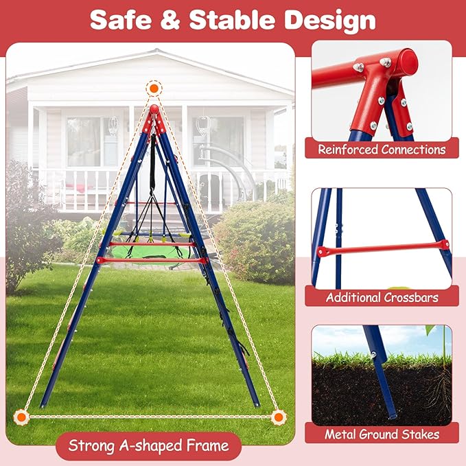 Costzon Swing Sets for Backyard, 6 in 1 Heavy-Duty Metal Swing Set with 2 Swings, Glider, Basketball Hoop, Climbing Ladder and Net, Playground Sets for Backyards, Outdoor Playset for Kids 3+ (Red)