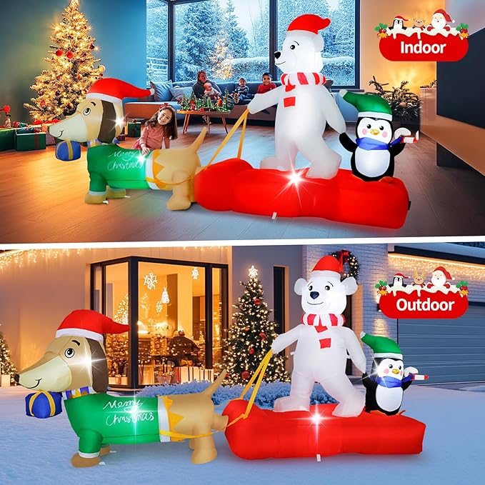 8FT Christmas Inflatable Outdoor Lighted Polar Bear & Penguins Carrying Dog Sleigh Decor, Sleigh-Riding Bear with a Candy Cane-Holding Penguin Yard Decor for Xmas Holiday, for Him, Her