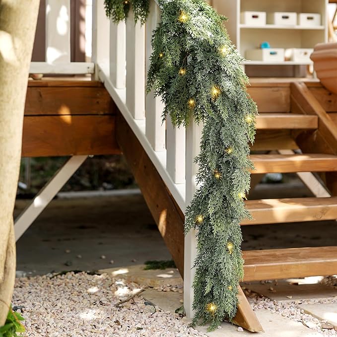 Cedar Christmas Garland for Mantle - Decorations with Lights 6 ft Realistic Lighted Faux Pine Garlands for Xmas Home Decoration Indoor Stairs Railing Fireplace Outdoor 6ft Prelit Garland Door Decor