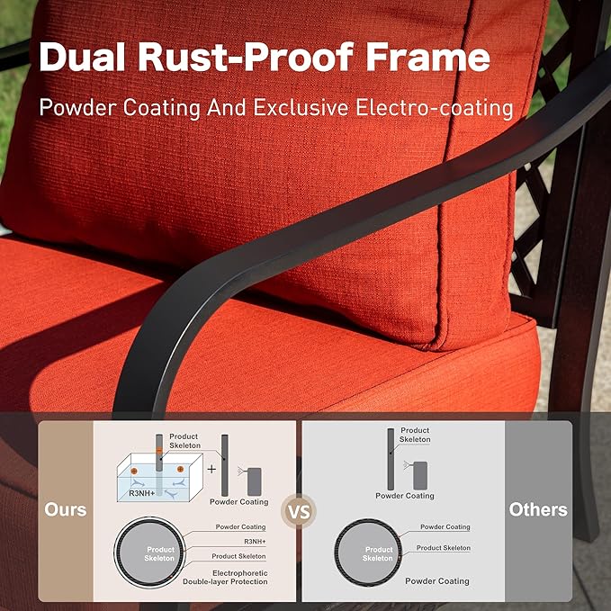 4 Piece Metal Outdoor Patio Furniture Sets with Firepit Table, Patio Conversation Sets 1 2-Seater Sofa, 2 Rocking Sofa with 5.75" Cushion Black Backyard Furniture for Deck, Rust Red
