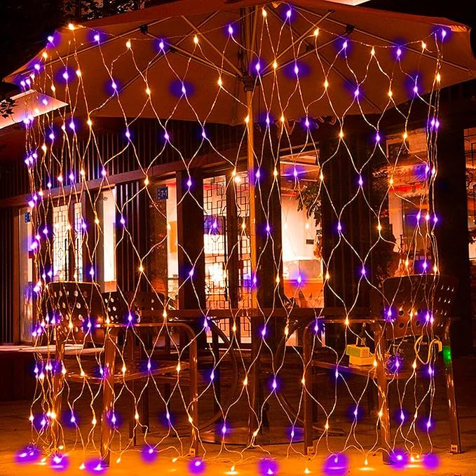 Dazzle Bright Halloween 200 LED Net Lights, 9.8 FT x 6.6 FT Connectable Mesh Lights Clear Wire with 8 Lighting Modes, Halloween Decorations for Indoor Outdoor Bush Yard Garden Decor (Purple & Orange)