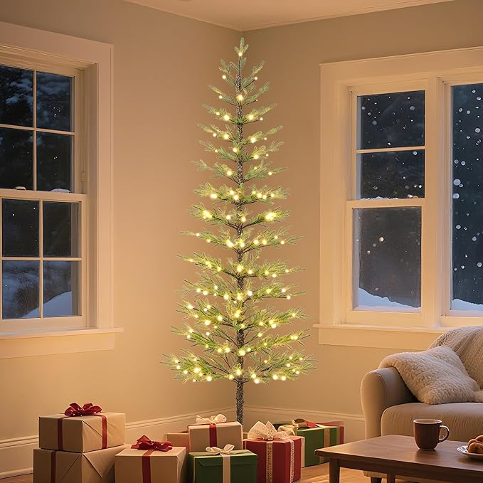 7.5FT 180 LED Minimalist Pre-Lit Slim Pencil Artificial Christmas Tree with Warm White Lights Scandinavian Style Decor Indoor Holiday Decoration Modern Xmas Tree