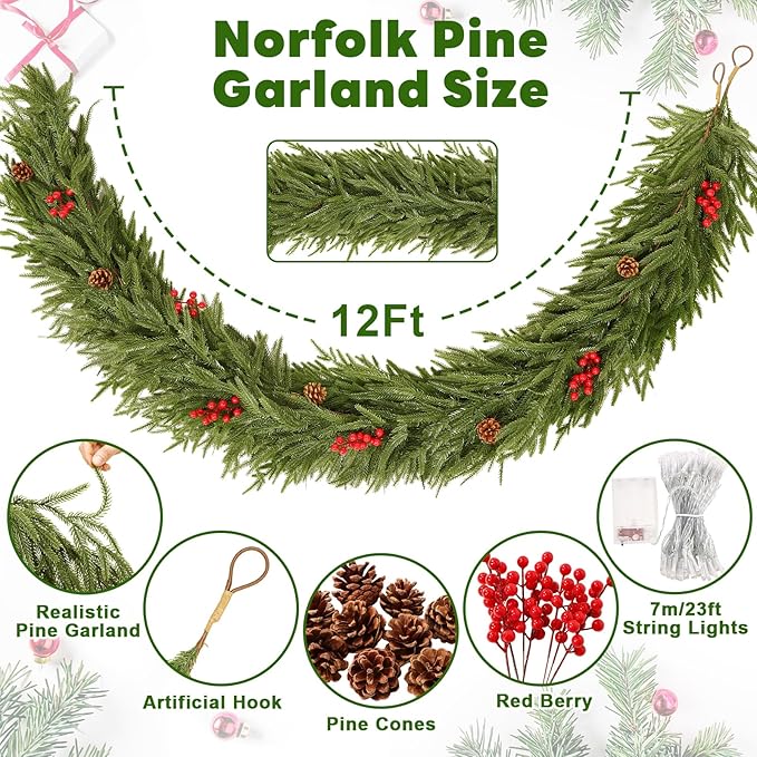 12FT Artificial Norfolk Pine Garlands - Real Touch Winter Pine Garland, Green Artificial Greenery Garland for Mantle, Table, Wall, Indoor & Outdoor Fireplace Christmas Decorations