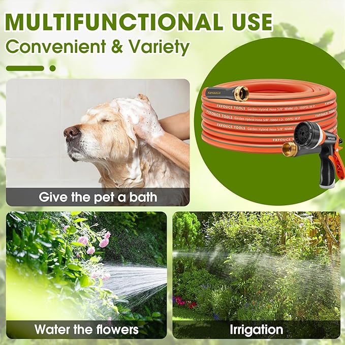 Heavy Duty Garden Hose ? 5/8 Inch Flexible, Lightweight Hybrid Hose with 600 PSI Burst Pressure, Swivel Handle, and Durable Copper Male/Female Fittings (Orange with hose sprayer, 50FT)
