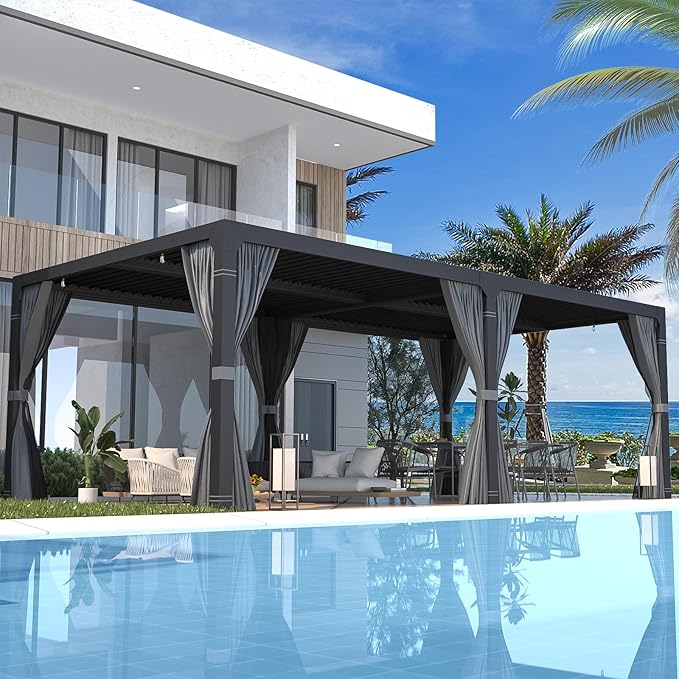 EROMMY Louvered Pergola 12' x 24' Outdoor Hard Top Pergola with Aluminum Frame and Adjustable Metal Rainproof Roof for Garden & Patio, Curtains and Netting Included, Gray-Black
