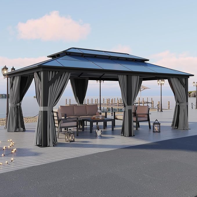 Aoxun 12'x20' Hardtop Gazebo, Aluminum Frame Permanent Pavilion with Curtains and Netting, Outdoor Polycarbonate Double Roof Canopy, Designed for Patio, Garden, Lawns, Gray