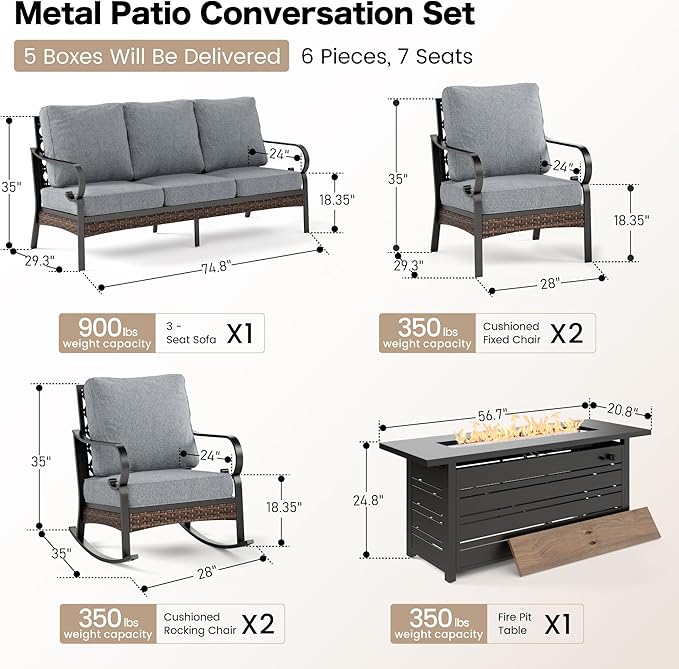 6 Piece Black Metal Outdoor Patio Furniture Sets with Firepit Table, Patio Conversation Sets 1 3-Seater Sofa, 2 Leg Sofa and 2 Rocking Chair with 5.75" Cushion for Backyard Deck, Gray