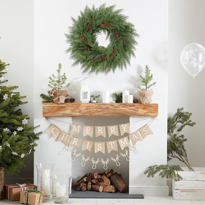 Lush Christmas Wreaths for Front Door with Red Berries Christmas Decorations 24 inch Real Touch Faux Cedar Wreath Large Winter Green Wreaths for Windows Outdoor Indoor Walls Home Xmas Holiday Decor