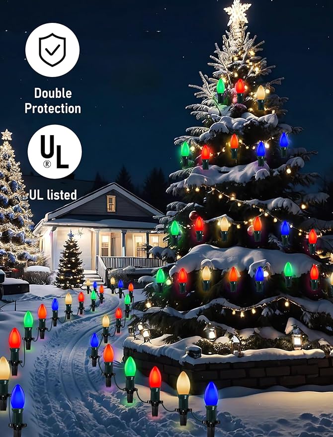 C9 LED Christmas Lights Outdoor 25Ft Outdoor Christmas Decorations String Light Waterproof with 26 C9 LED Multicolor Bulbs, Hanging Vintage Christmas Lights for Patio Roofline Garden Holiday Party