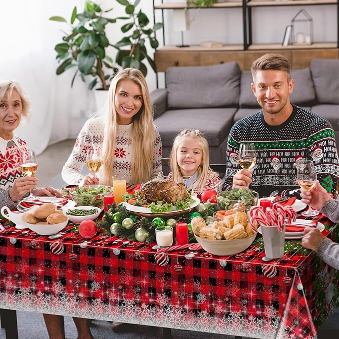 3Pcs Christmas Buffalo Plaid Snowflake Tablecloths,Plastic Red and Black Checkered Rectangle Christmas Tree Color Ball Table Cover for Winter Xmas New Year Holiday Party Decorations,54x108 inch