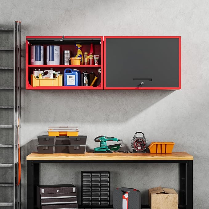 Yizosh Metal Garage Wall Cabinet with Doors and Shelves,Wall Mounted Metal Storage Cabinet, Floating Steel Tool Cabinet for Garage,Basement,Kitchen,Warehouse (Red Black,21.6 H)