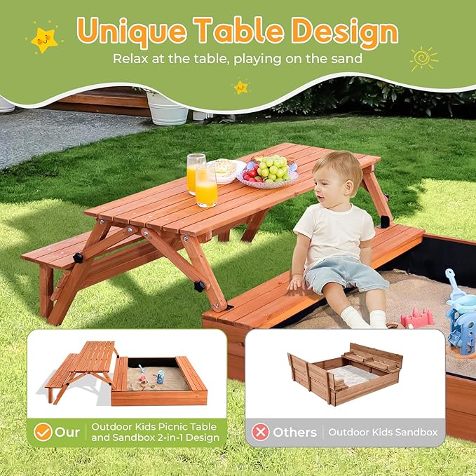 Kids Outdoor Wooden Sandbox Large Kids Sand Box with Lid Sand Box with Cover Gift for Ages 2-8 Foldable Picnic Table and Seat Bottom Liner Included