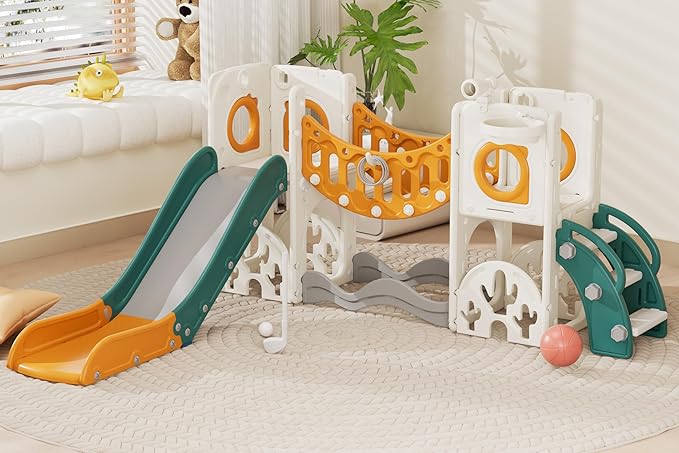 Toddler Playground Playset with Climbing Arch, Golf Set, Slide & Basketball Hoop - Outdoor Toys, Safe & Durable Plastic Garden Equipment (Green Yellow, Without Swing)