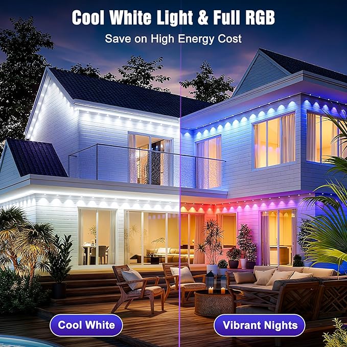 JOH Permanent Outdoor Lights, 100FT RGB+IC Smart LED Outdoor Lights with App/Remote Control, DIY Scene Modes Lighting & IP67 Waterproof, Eaves Light for Christmas, Holiday, Daily Decorations
