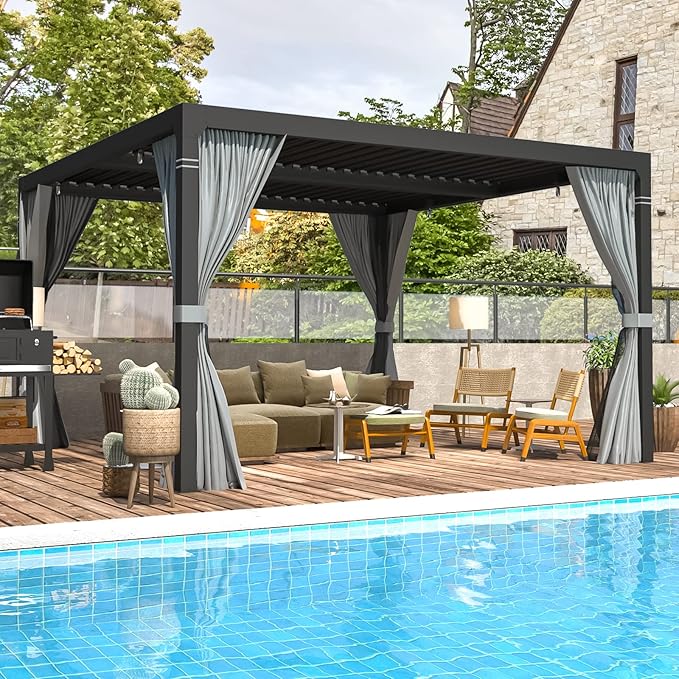 EROMMY Louvered Pergola 10' x 10' Outdoor Hard Top Pergola with Aluminum Frame and Adjustable Metal Rainproof Roof for Garden & Patio, Curtains and Netting Included, Gray-Black